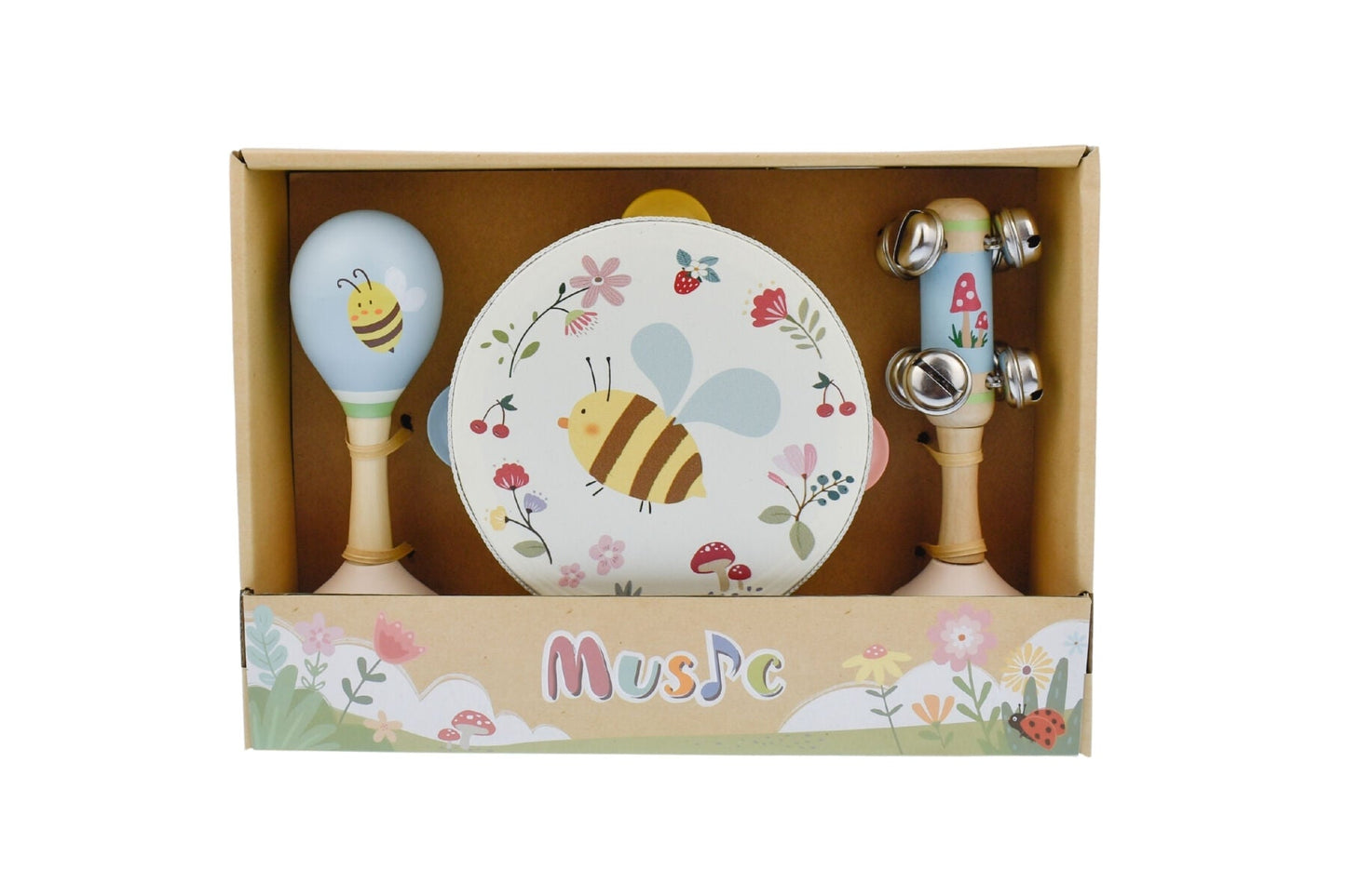 Kaper Kidz Spring Insect Bee Music Set with three wooden insect-themed musical toys for children.