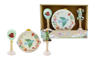 Wooden Spring Insect and Bird Music Set by Kaper Kidz, 3-piece wooden toy with insect and bird designs for kids.