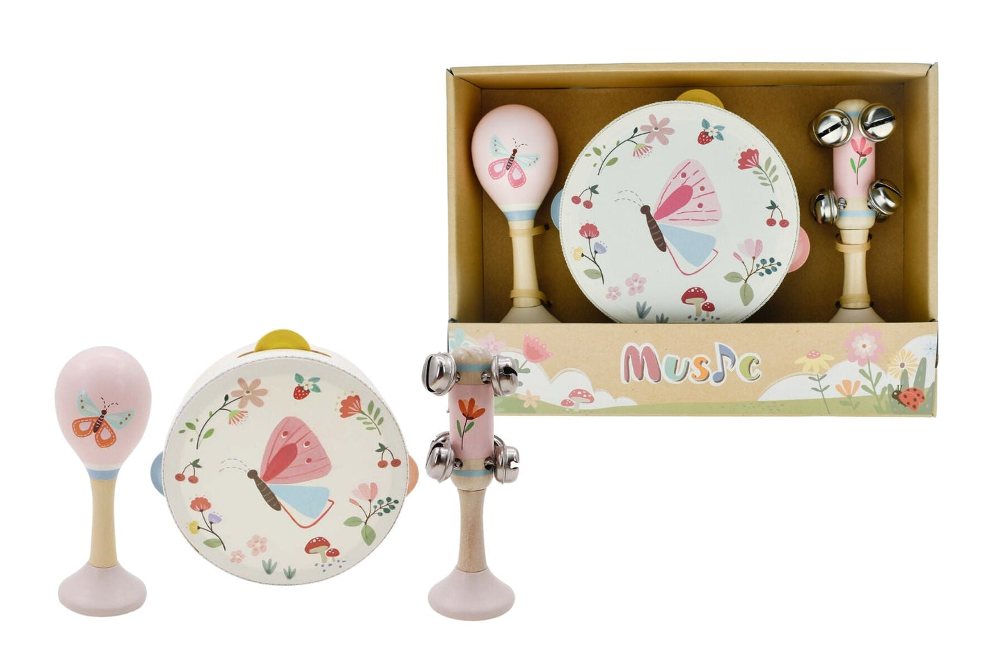 Kaper Kidz Spring Insect Butterfly Music Set with three wooden insect-themed musical toys for children.