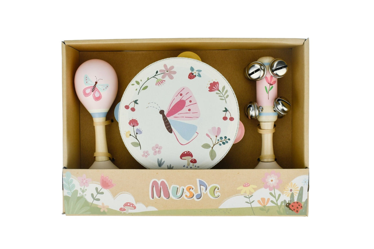 Kaper Kidz Spring Insect Butterfly Music Set with three wooden insect and butterfly-themed musical toys for children
