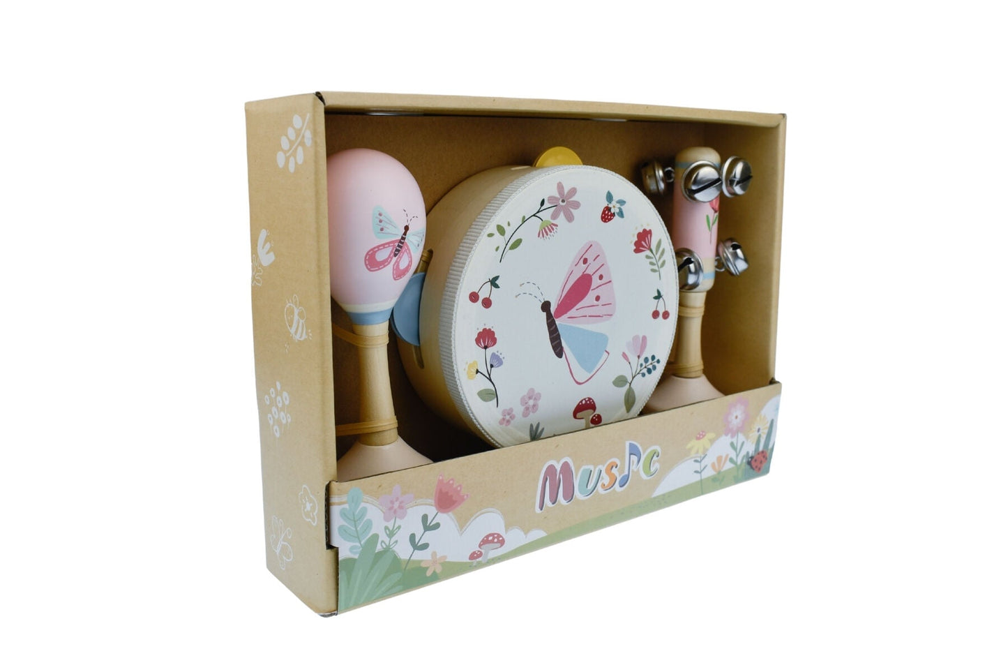 Wooden Spring Insect Butterfly Music Set by Kaper Kidz, 3-piece toy with colorful insect and butterfly designs for children.