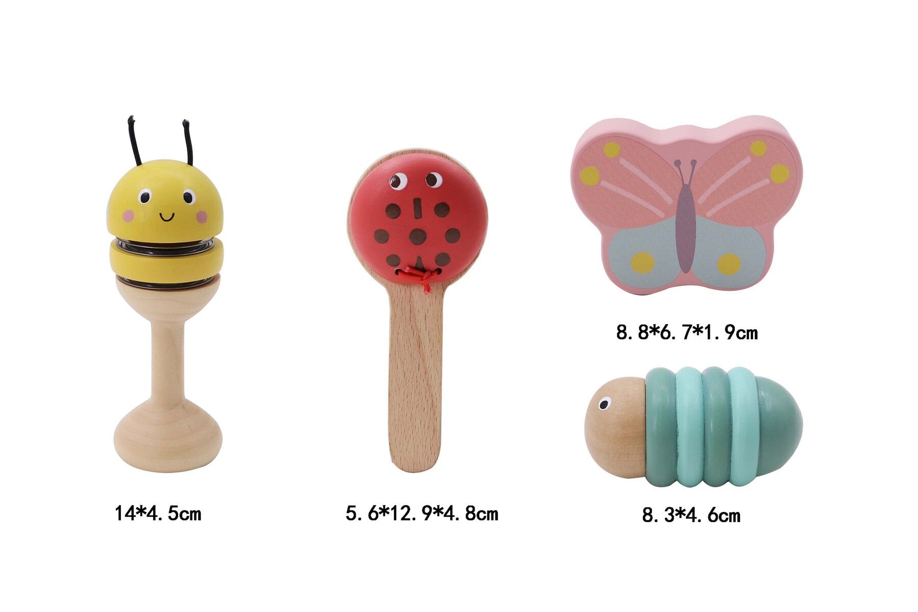 Wooden Spring Insect Music Set by Kaper Kidz featuring four colorful insect-shaped musical instruments for children.