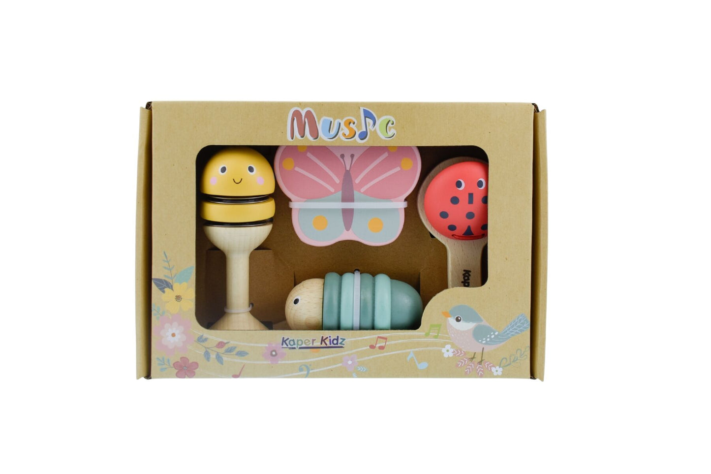 Wooden Spring Insect Music Set by Kaper Kidz, a 4-piece educational toy with insect-shaped musical instruments for kids.