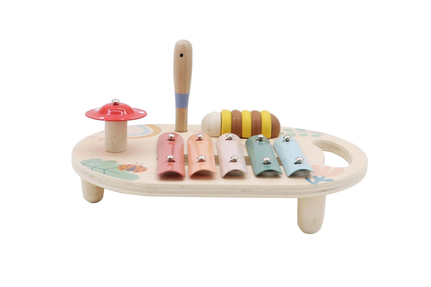 Wooden Spring Insect Music Table by Kaper Kidz featuring colorful insect-shaped animal figures and a musical play surface.