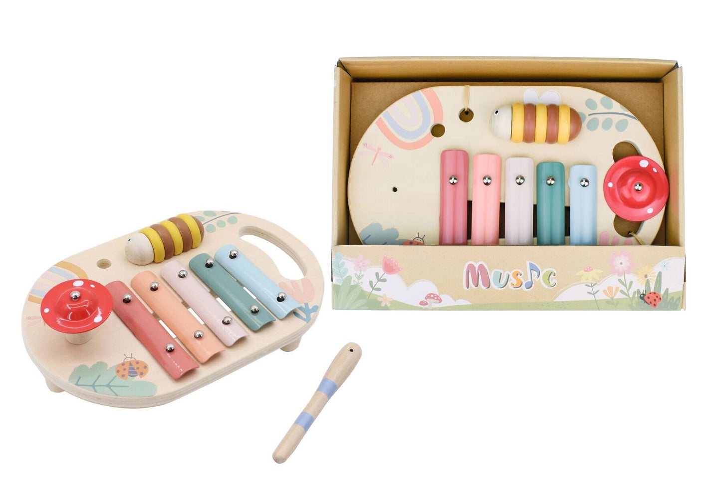 Wooden Spring Insect Music Table by Kaper Kidz featuring colorful insect figures and musical components for children.