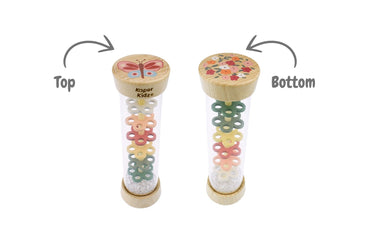 Kaper Kidz Spring Insect Rainmaker Rattles featuring butterfly and bee designs, wooden construction, for sensory play.