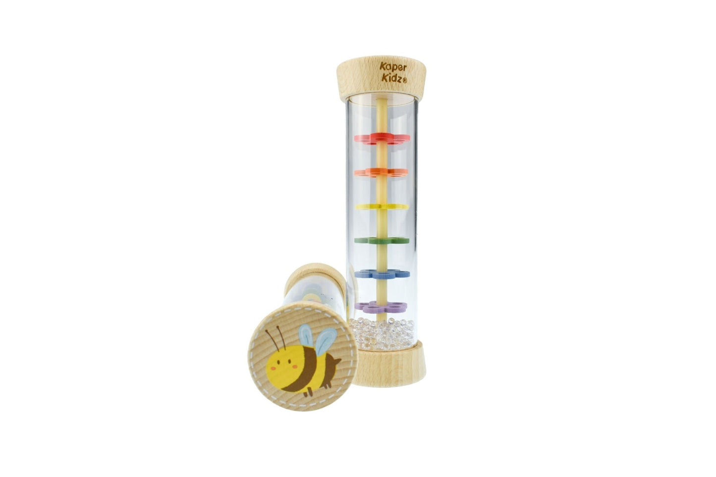 Kaper Kidz Spring Insect Rainmaker Rattles featuring butterfly and bee designs, made of wood, for sensory play and entertainment.
