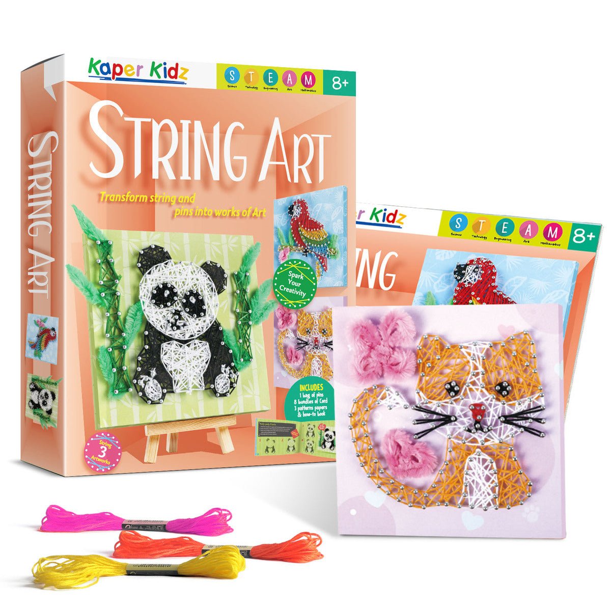 Kaper Kidz String Art Craft Kit with colorful strings and wooden boards for kids' creative art projects.