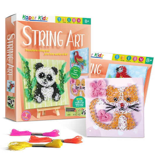 Kaper Kidz String Art Craft Kit with colorful strings and wooden boards for kids' creative art projects.