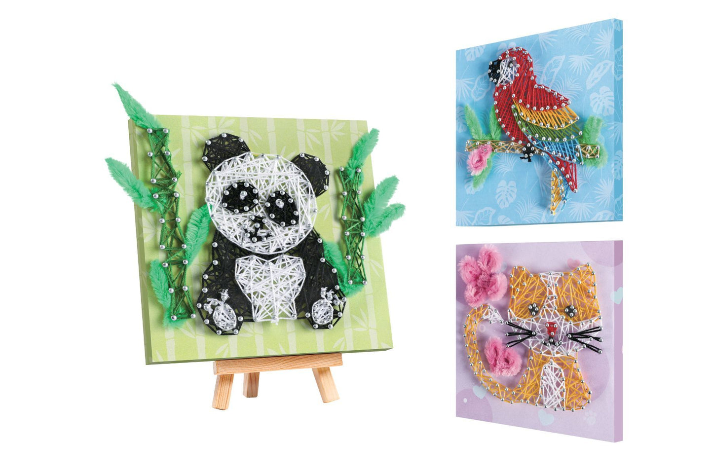 Kaper Kidz String Art Craft Kit featuring colorful strings, wooden shapes, and tools for creative children's art projects.