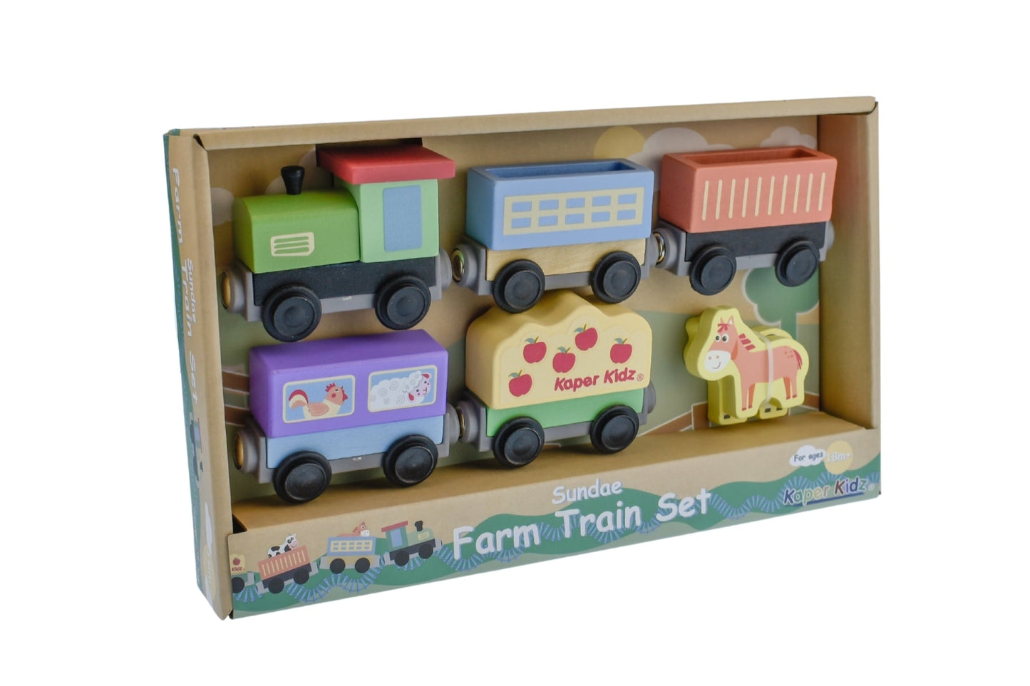 Kaper Kidz Sundae Farm Train Set with colorful plastic train and farm-themed accessories for kids' imaginative play