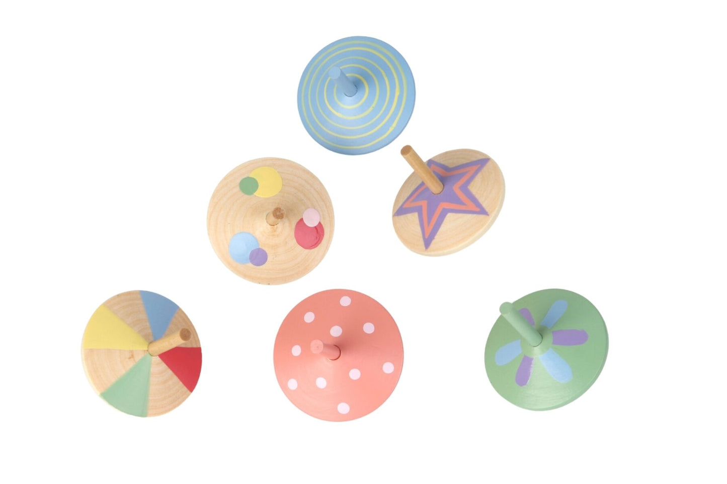 Six colorful Kaper Kidz Sundae Spinning Tops in vibrant designs, perfect for kids' play and entertainment.