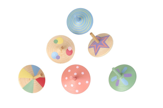 Six colorful Kaper Kidz Sundae Spinning Tops in vibrant designs, perfect for kids' play and entertainment.