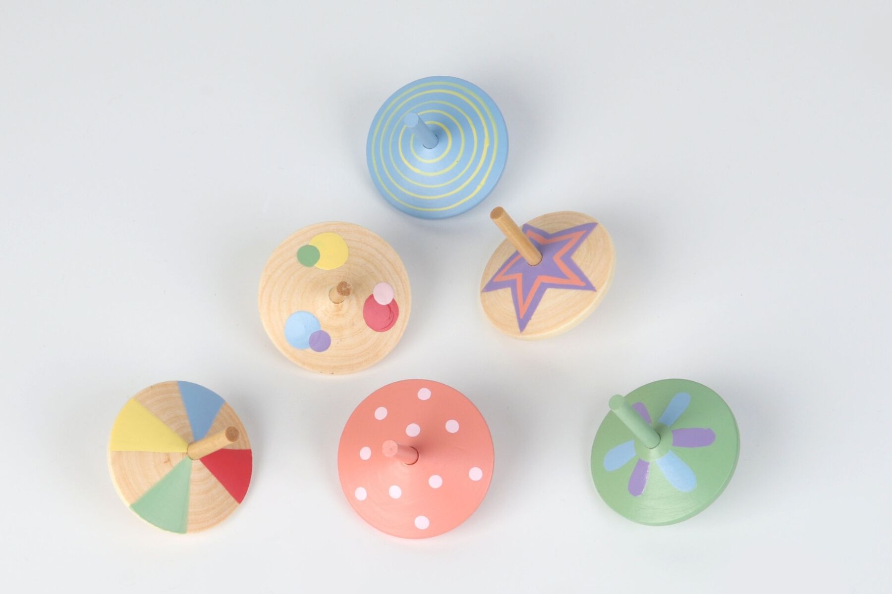 Six colorful Kaper Kidz Sundae Spinning Tops arranged in a pack, designed for kids' fun and play.