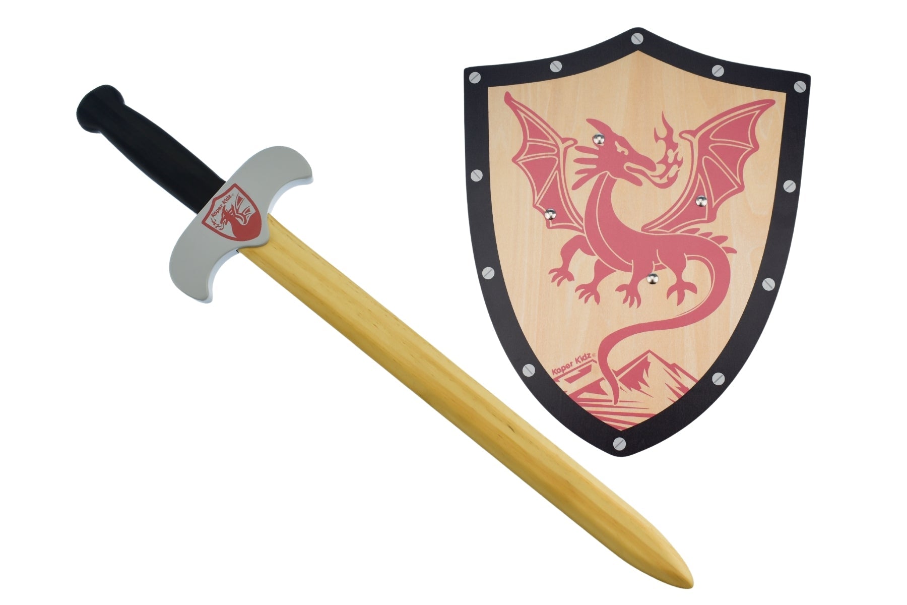 Kaper Kidz Sword and Shield set featuring a dragon design for kids, made of durable plastic for imaginative play.