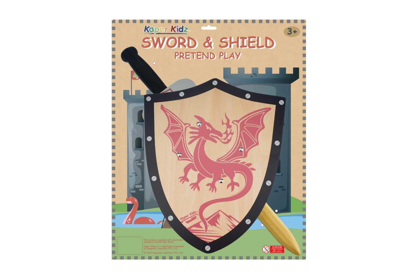 Kaper Kidz Sword and Shield set featuring a colorful dragon design for imaginative play.