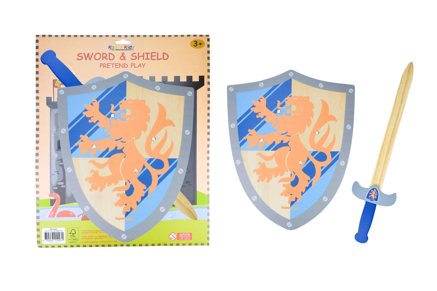 Kaper Kidz Sword & Shield Lion toy featuring a lion design, suitable for imaginative play and kids' costume accessories.