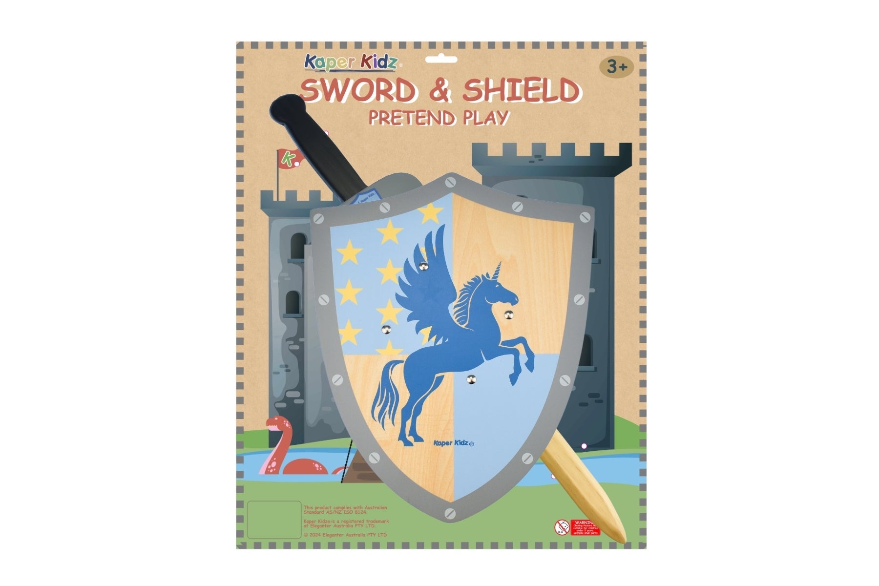 Kaper Kidz Sword and Shield toy featuring a colorful unicorn design for imaginative play.