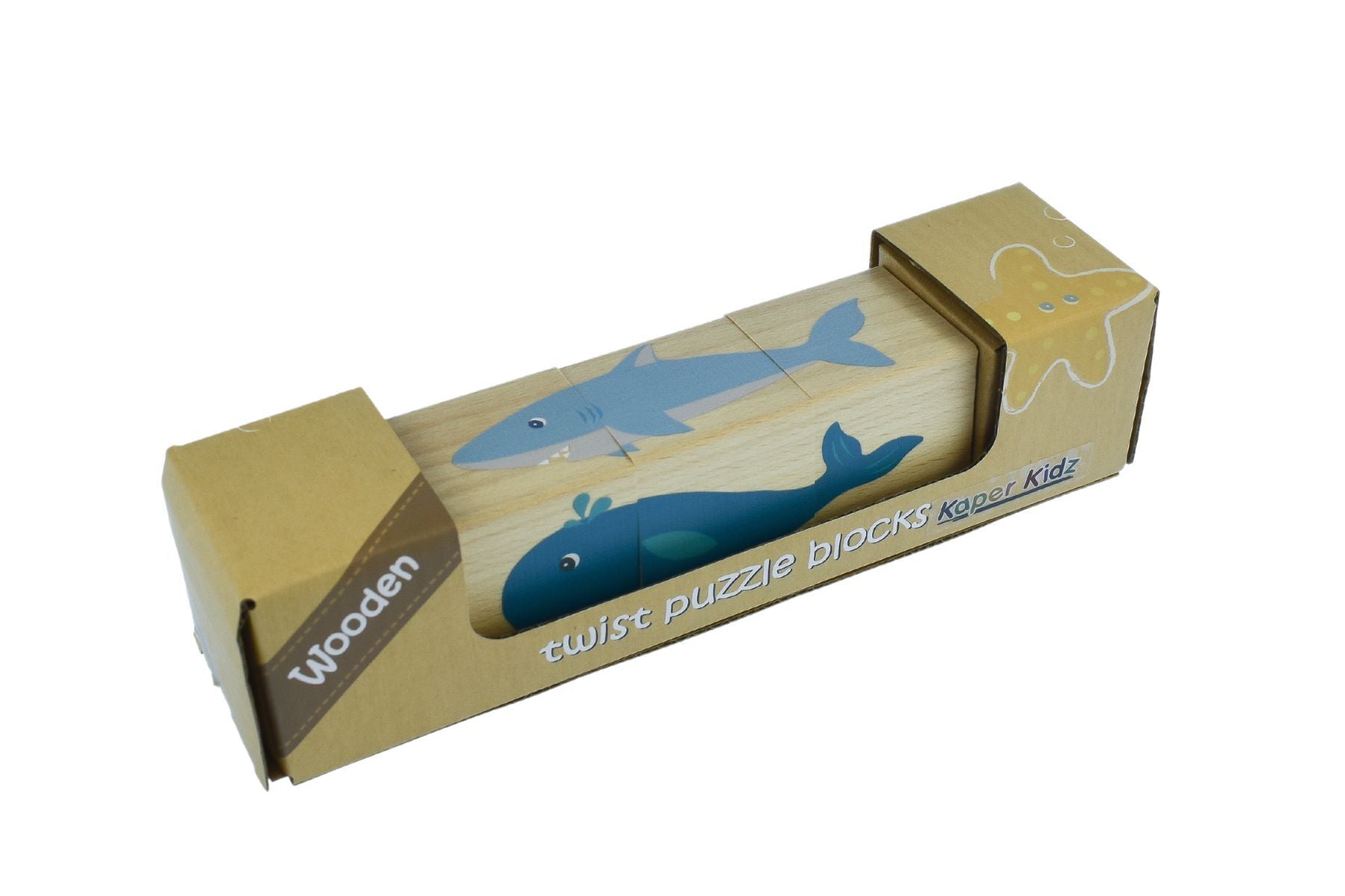 Wooden Twist Puzzle Block featuring colorful sea animal shapes by Kaper Kidz, designed for children's developmental play.