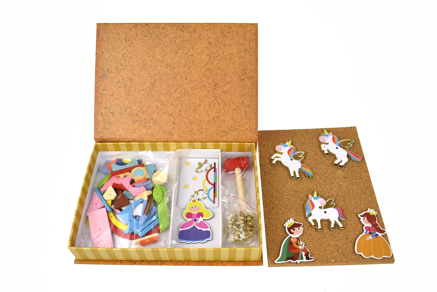 Wooden unicorn tap-a-shape toy in a Kaper Kidz bookcase, designed for imaginative play and kids' room decor.