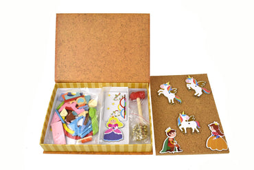Wooden unicorn tap-a-shape toy in a Kaper Kidz bookcase, designed for imaginative play and kids' room decor.