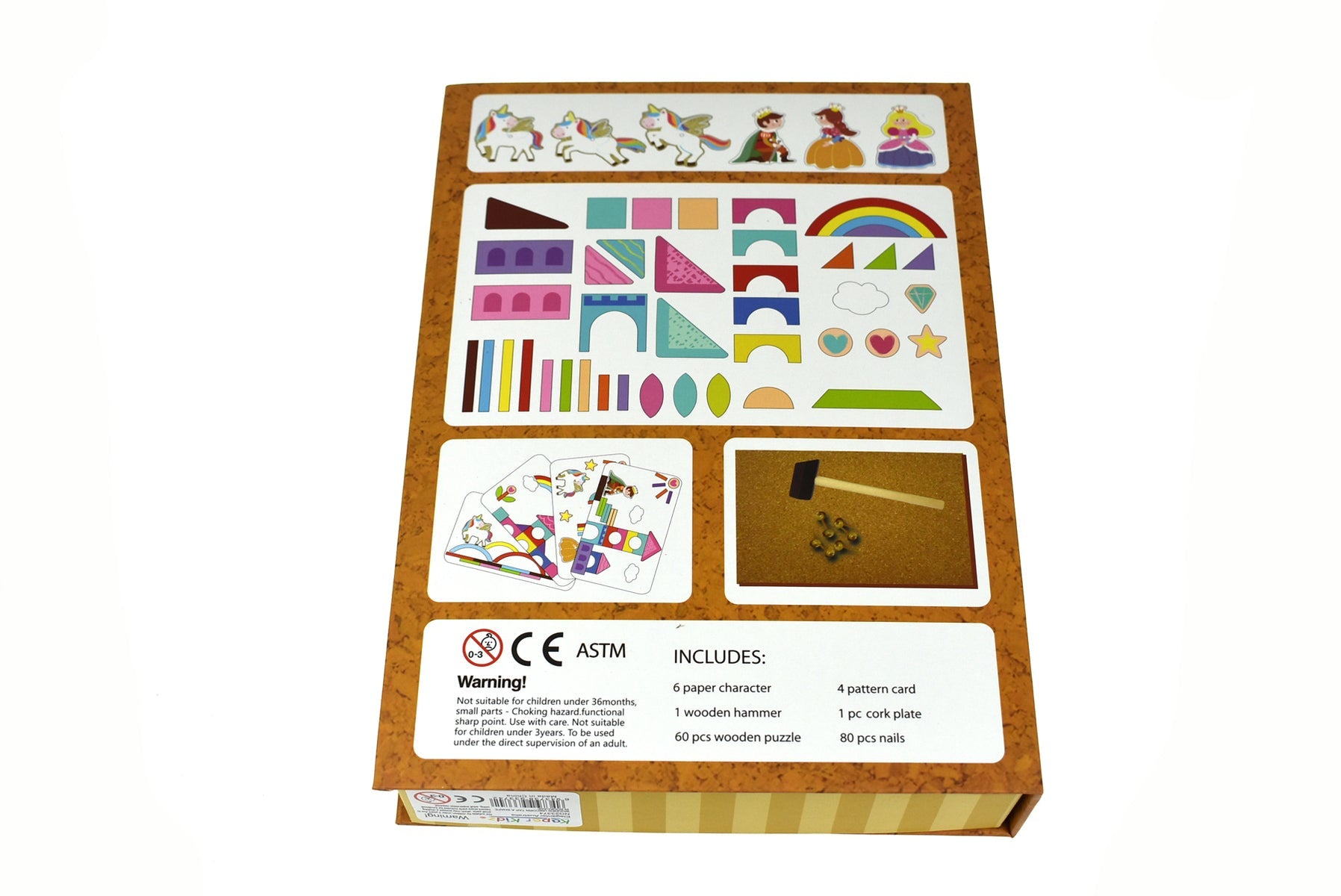 Wooden unicorn-shaped tap-a-shape toy in a Kaper Kidz bookcase, designed for children to develop fine motor skills and imaginative play.