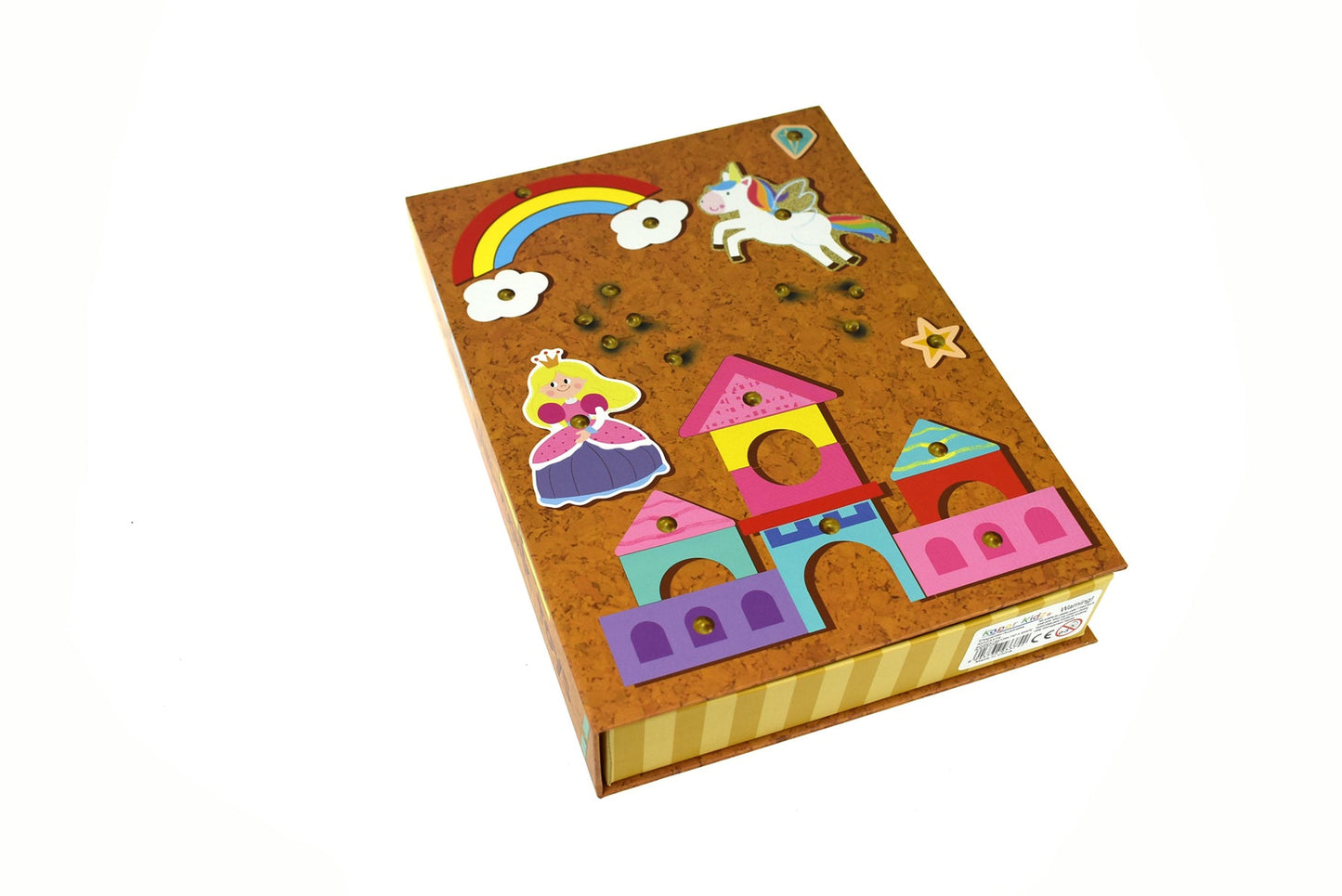 Wooden unicorn tap-a-shape toy in a Kaper Kidz bookcase, designed for children’s play and storage.