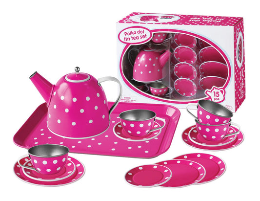 WHITE POLKA DOT ON PINK TIN TEA SET 15PCS - Bamboo Sprout