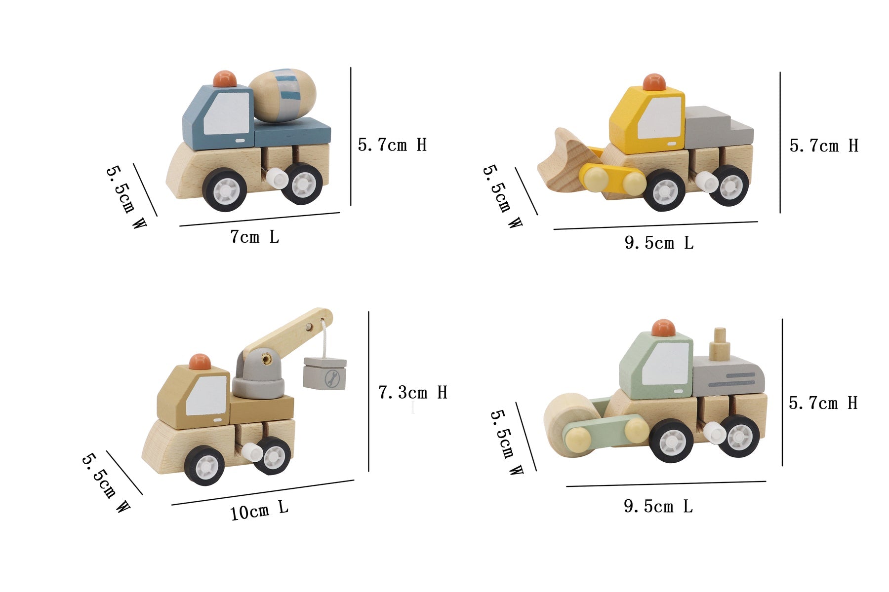Set of four wooden wind-up construction trucks by Kaper Kidz, featuring colorful, detailed toy vehicles for kids' play.
