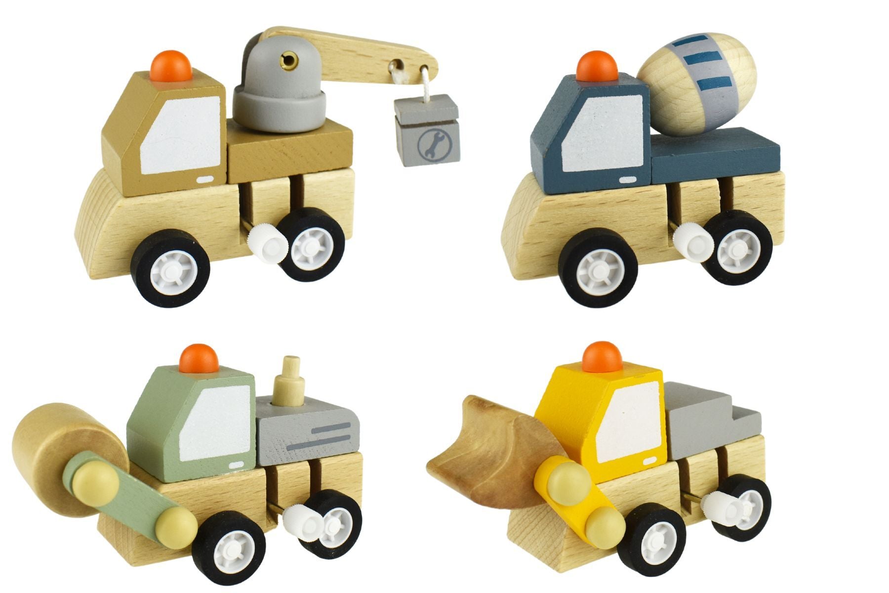 Set of four wooden wind-up construction trucks by Kaper Kidz, featuring colorful miniature vehicles for play and learning.