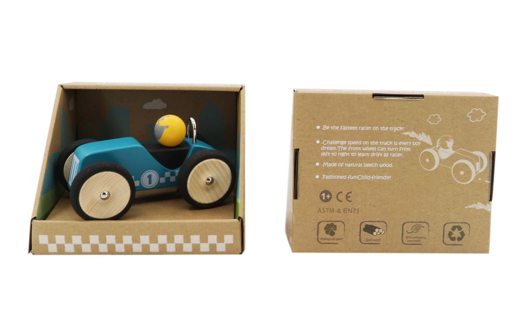 Large blue retro racing car toy by Kaper Kidz, featuring a vintage design and detailed racing car details.