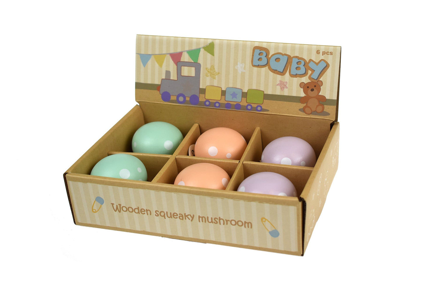 Kaper Kidz Beep Beep Squeaky Mushroom toy made of wood, featuring a colorful mushroom shape with a squeaky sound element.