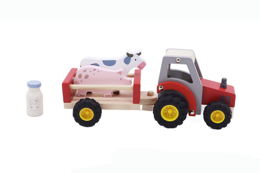 WOODEN TRACTOR WITH FARM ANIMAL RED - Bamboo Sprout