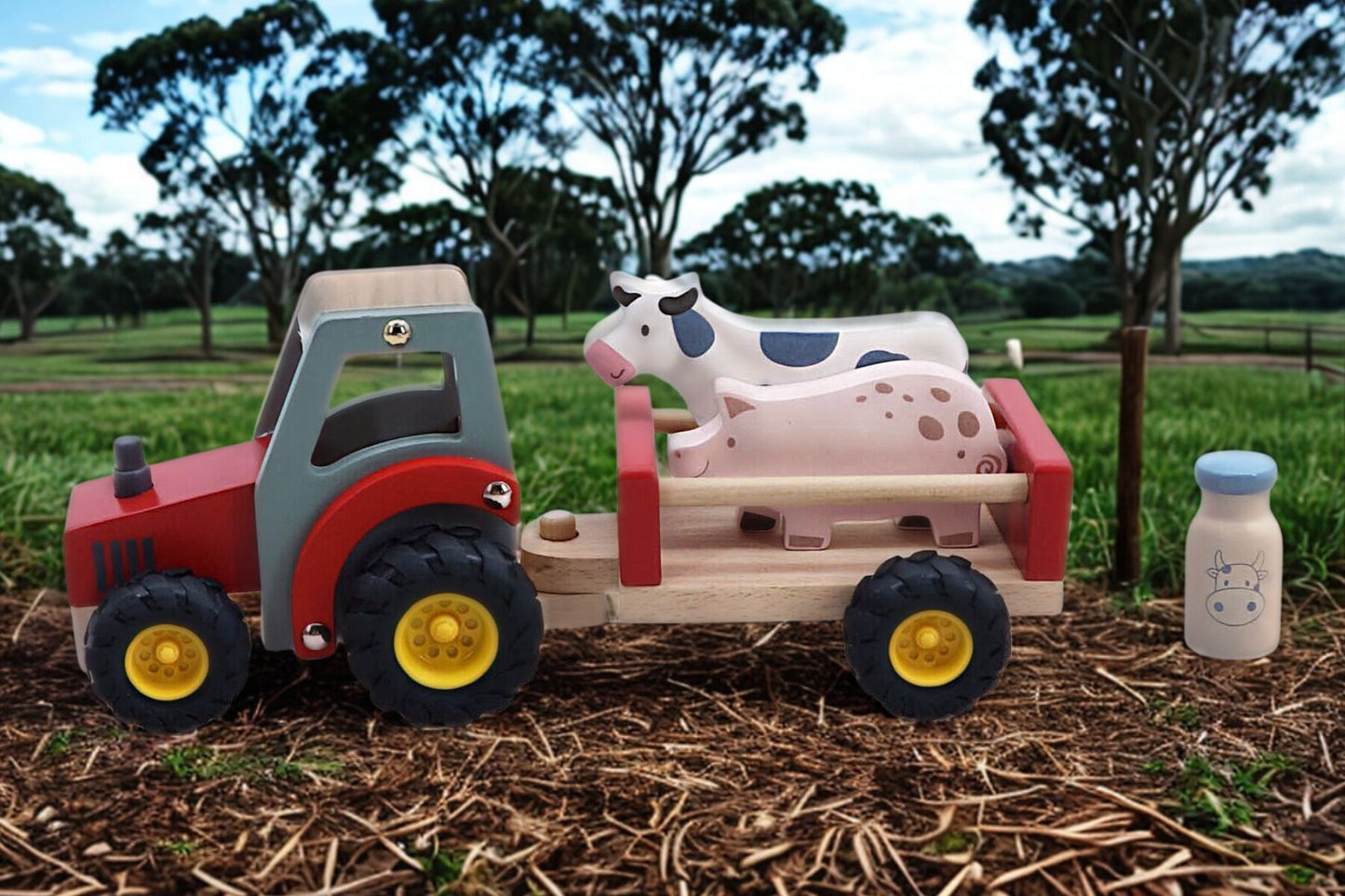 WOODEN TRACTOR WITH FARM ANIMAL RED - Bamboo Sprout