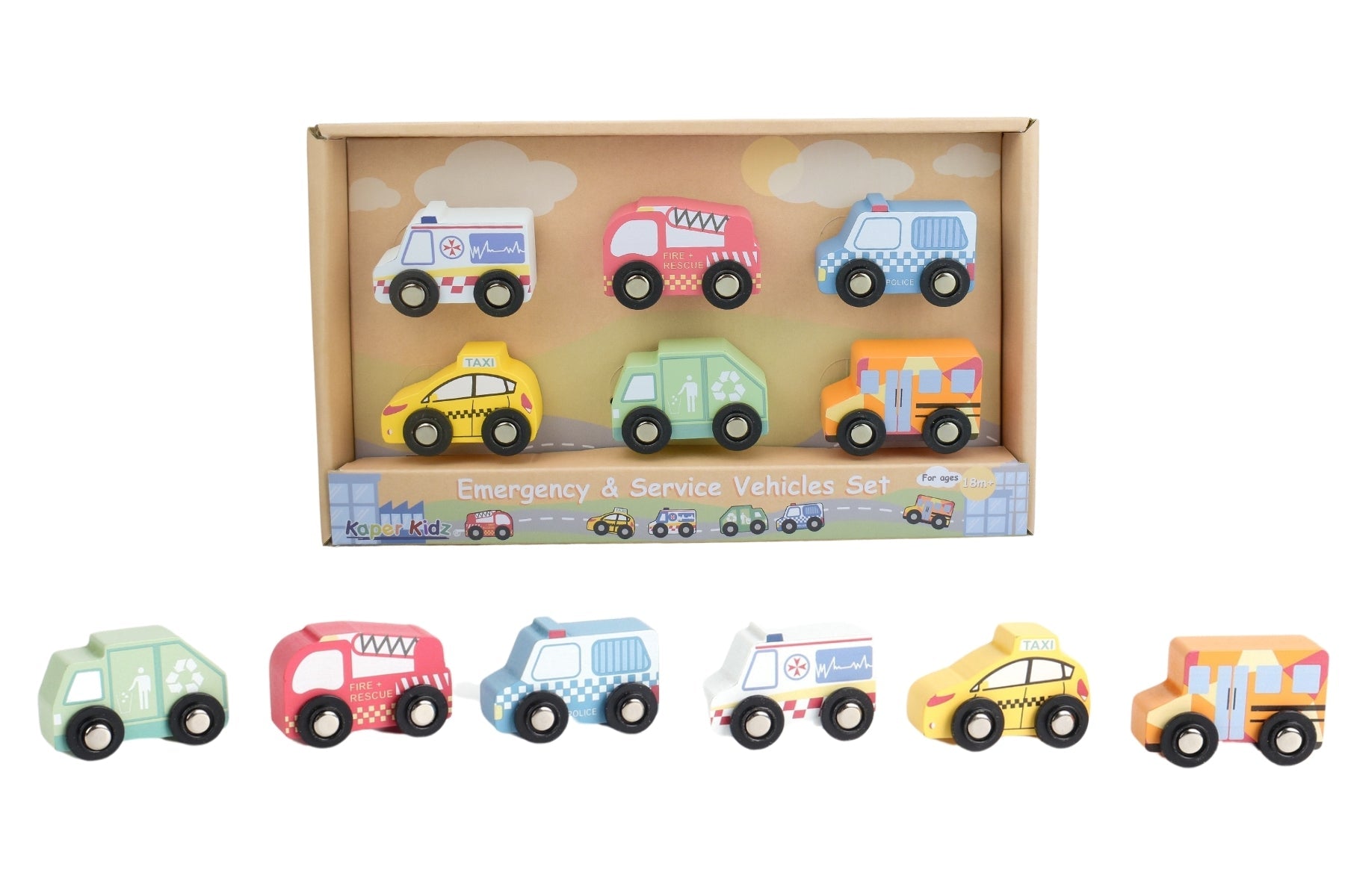 Kaper Kidz emergency and service vehicles set featuring colorful toy cars including fire trucks and police vehicles.