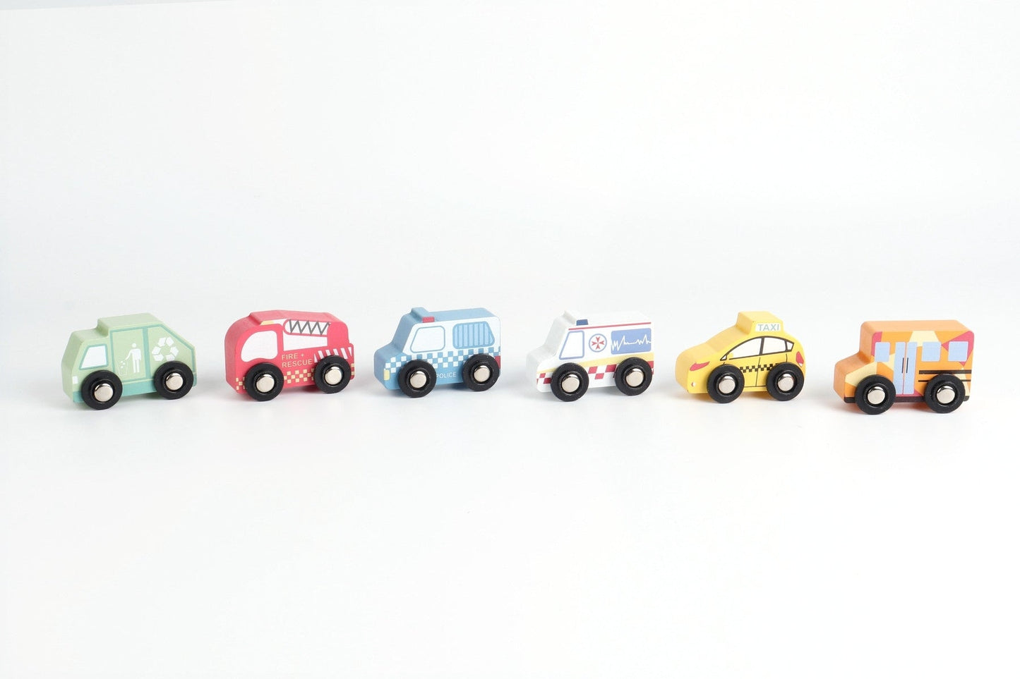 Kaper Kidz emergency and service vehicles set featuring colorful toy cars including fire trucks, police cars, and ambulances.