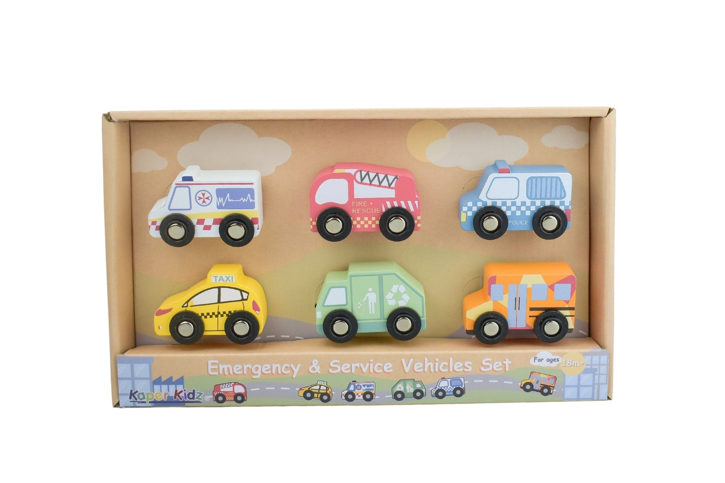 Kaper Kidz emergency and service vehicles set featuring colorful toy trucks and rescue vehicles for kids play.