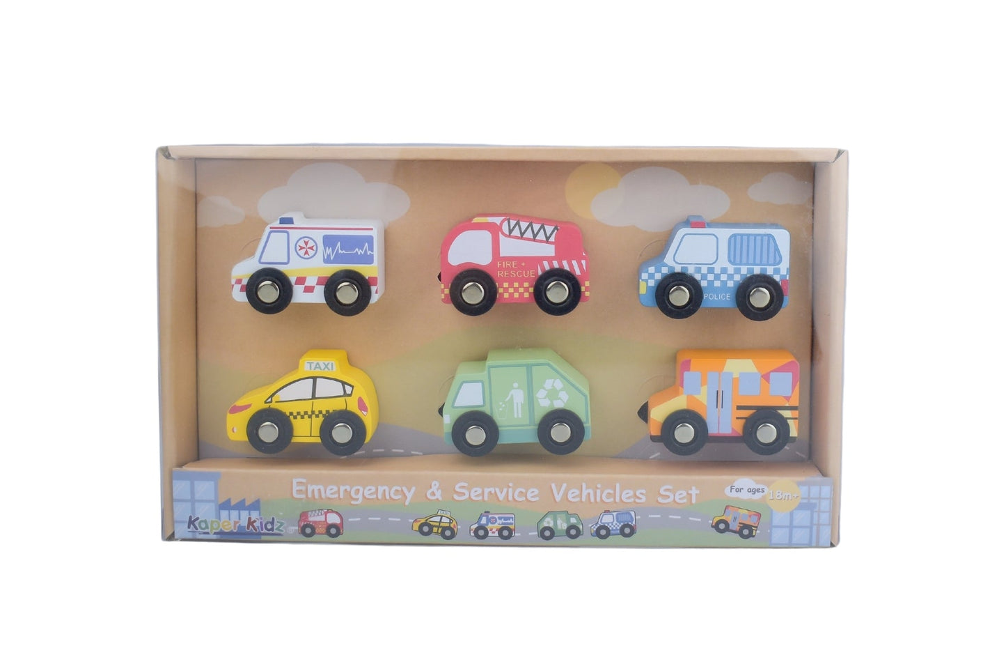 Kaper Kidz emergency and service vehicles set featuring colorful toy trucks and rescue vehicles for kids.