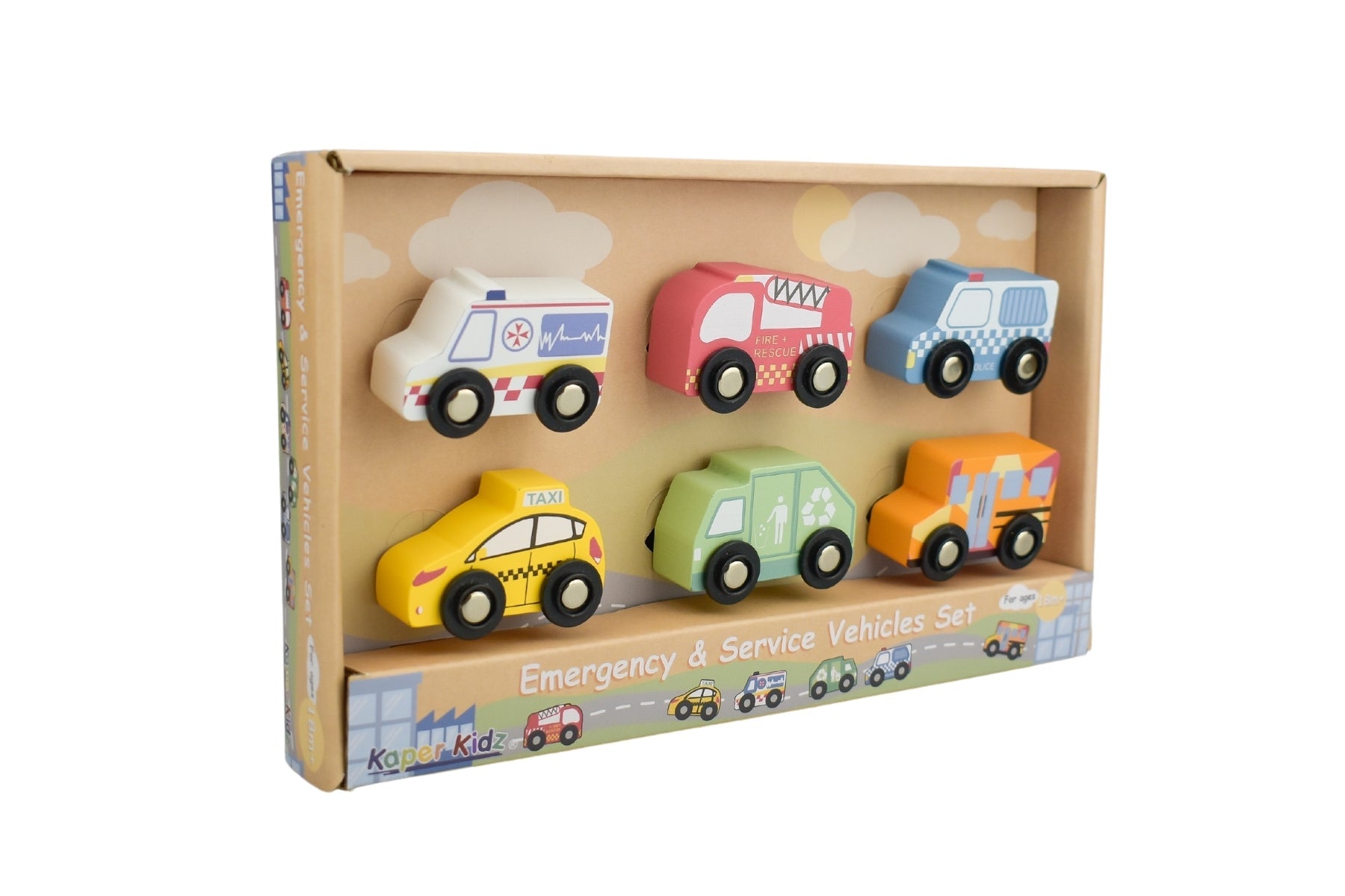 Kaper Kidz emergency and service vehicles set featuring colorful toy trucks and rescue vehicles for kids.