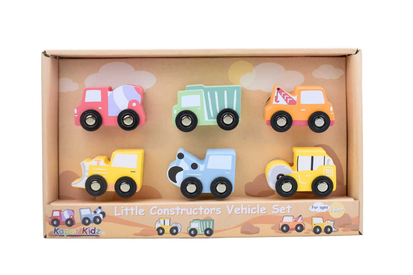 Kaper Kidz Little Constructors Vehicle Set featuring colorful toy construction vehicles and tools for kids' play.