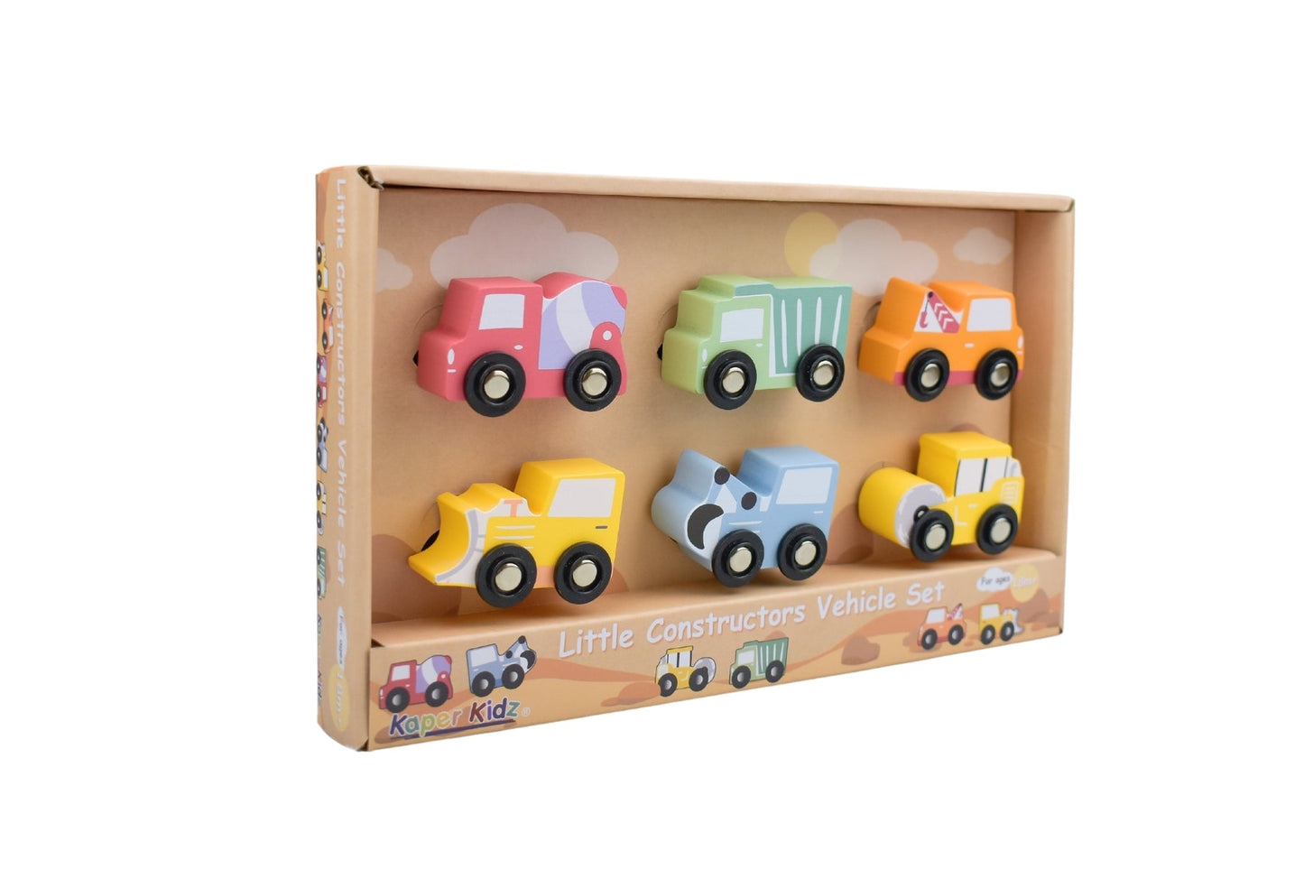 Kaper Kidz Little Constructors Vehicle Set with colorful toy trucks and construction vehicles on a play mat.