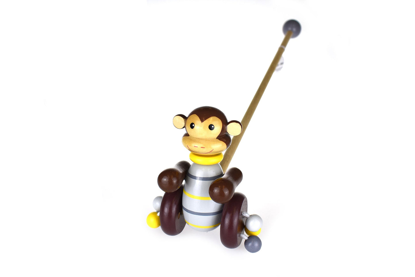 Kaper Kidz Push-a-Long Monkey toy with a smiling monkey figure and a string for pulling, designed for young children.