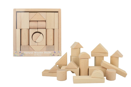 Natural wooden building blocks set with 22 pieces from Tooky Toy by Kaper Kidz, featuring colorful and natural wood textures.