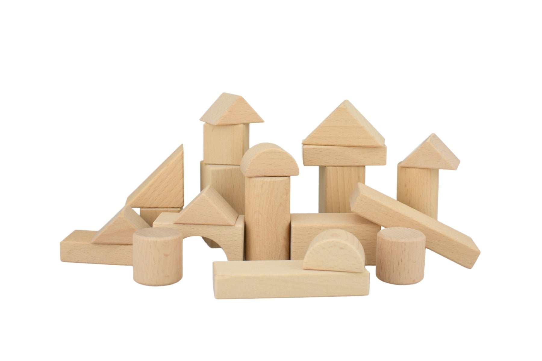 Set of 22 natural wooden blocks by Tooky Toy Kaper Kidz, arranged for playing and building fun.