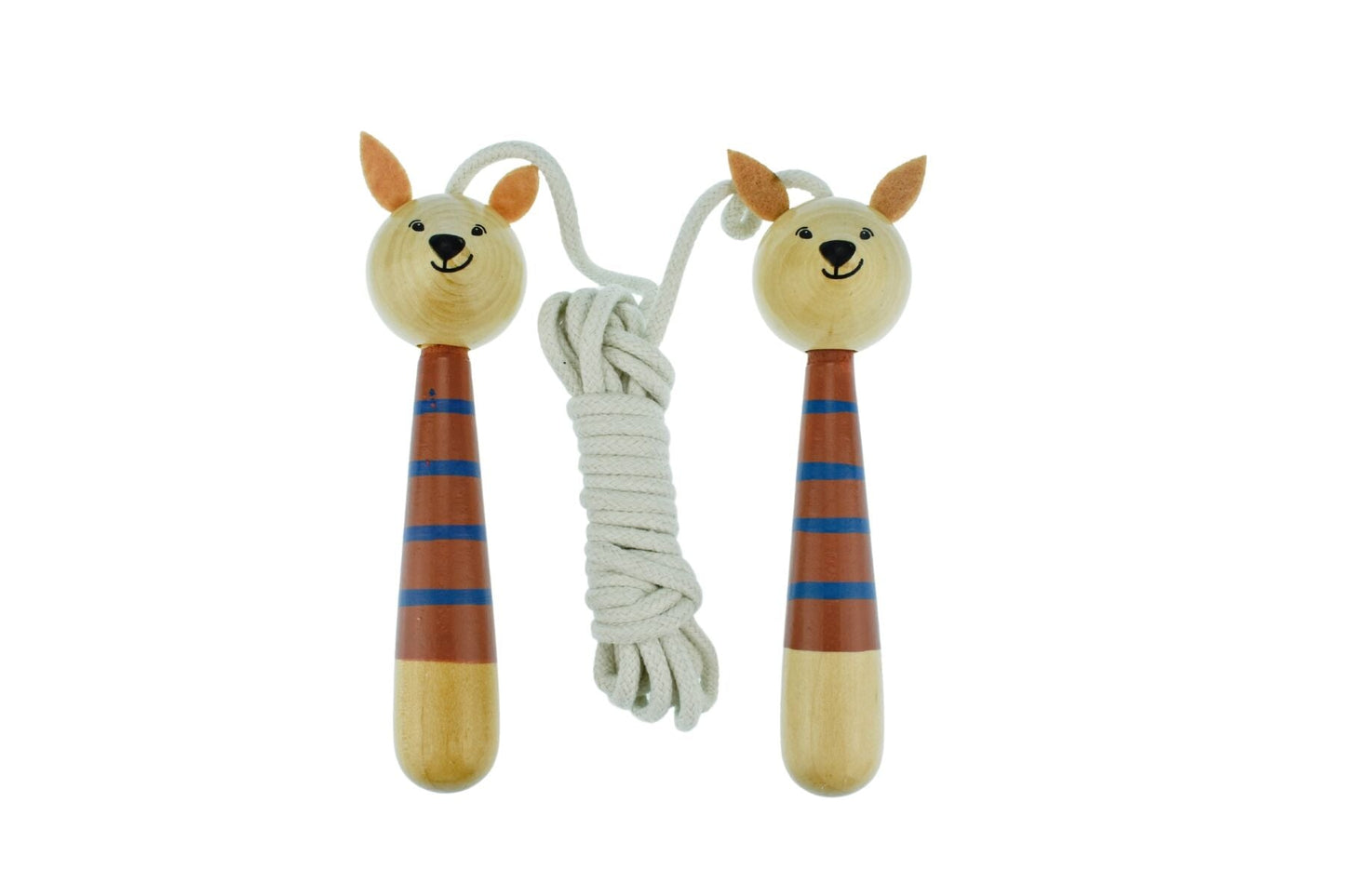Koala Dream Calm & Breezy wooden kangaroo-shaped adjustable skipping rope for kids, featuring natural wood handles and colorful rope.