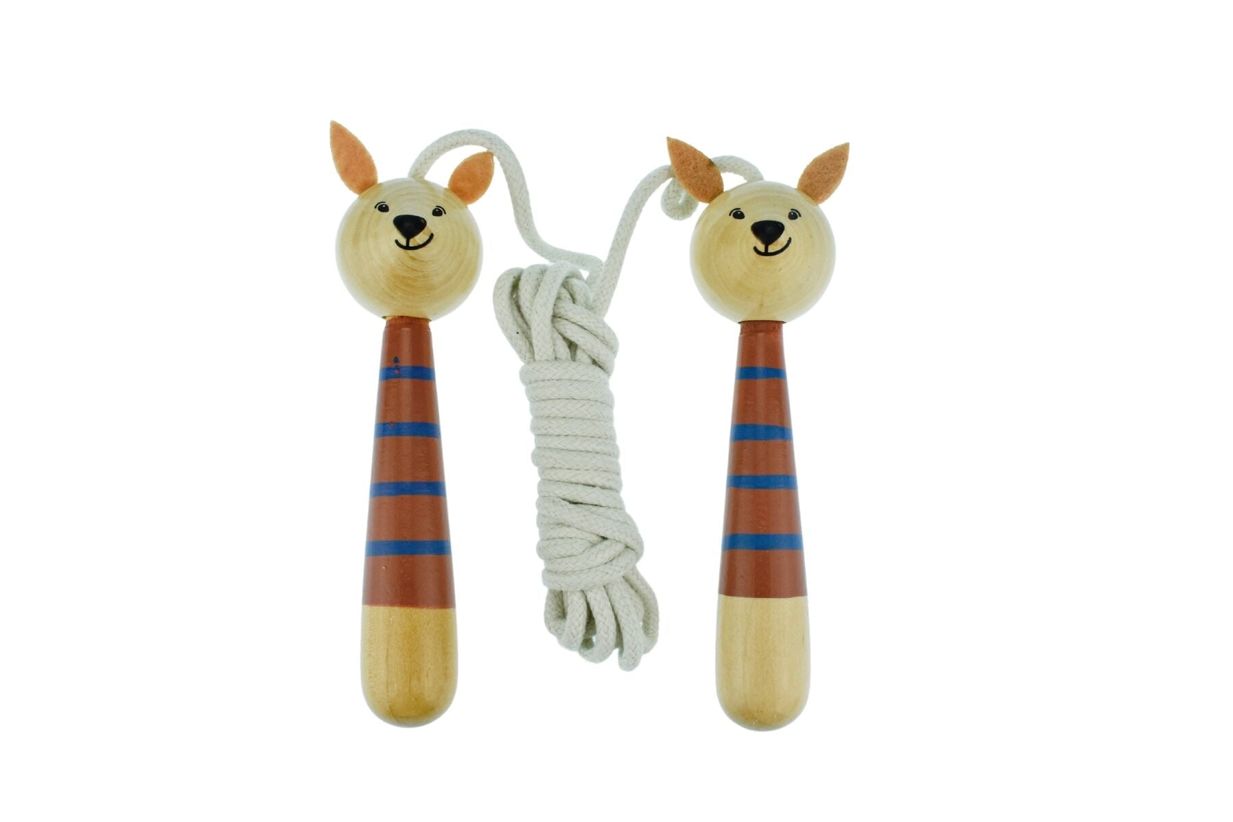 Koala Dream Calm & Breezy wooden kangaroo-shaped adjustable skipping rope for kids, featuring natural wood handles and colorful rope.