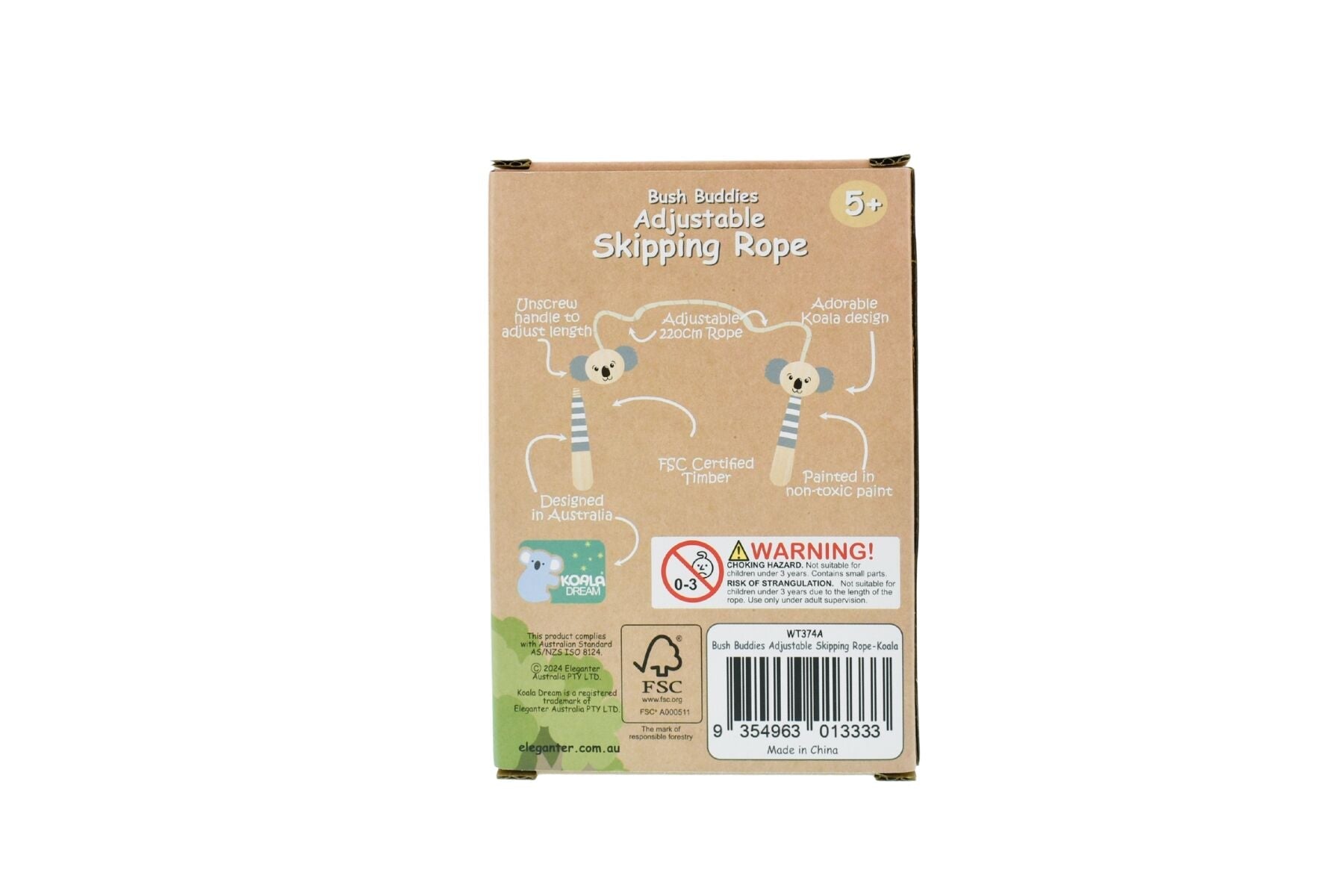 Koala Dream Calm & Breezy wooden adjustable skipping rope with a Koala-themed handle for fun cardio workouts.