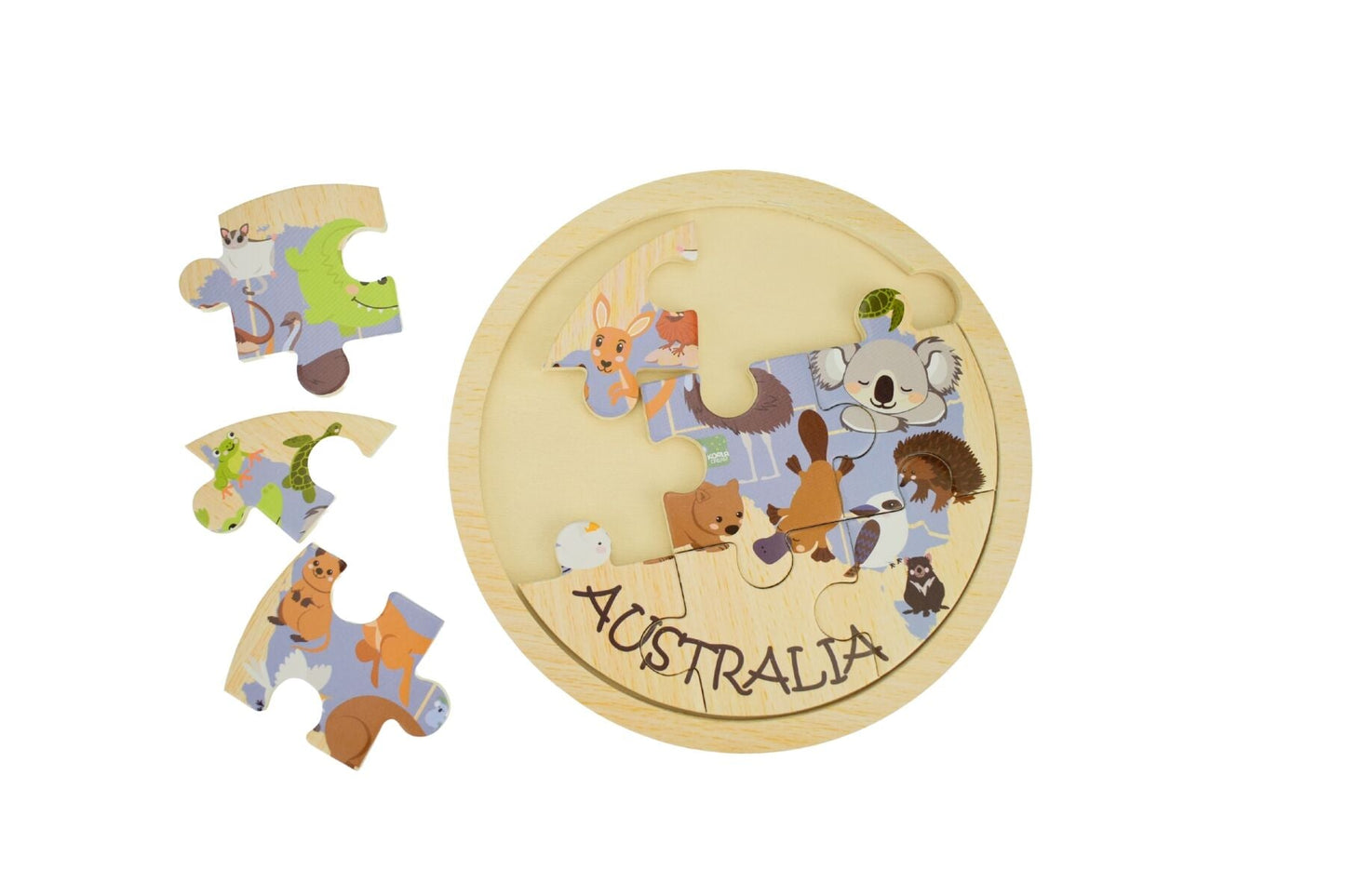 Wooden 9-piece Australian animal map jigsaw puzzle by Koala Dream, featuring colorful animal illustrations for kids.