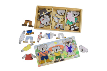 Colorful Koala Dream Kaper Kidz dressing set featuring a family of expressive koalas in playful, vibrant costumes.