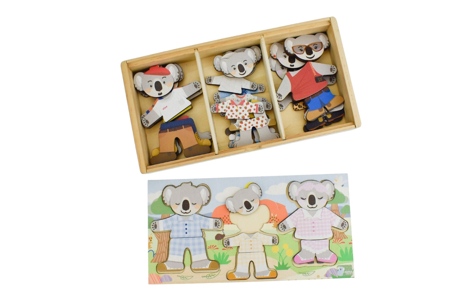 Colorful Koala Dream dressing set featuring a family of dressed-up koalas with expressive faces, by Kaper Kidz.